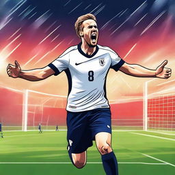 A detailed illustration of Harry Kane in a dynamic soccer pose, celebrating a goal