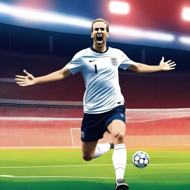 A detailed illustration of Harry Kane in a dynamic soccer pose, celebrating a goal