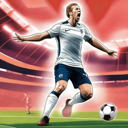 A detailed illustration of Harry Kane in a dynamic soccer pose, celebrating a goal