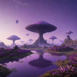 An alien landscape under a purple sunset with exotic flora and floating islands