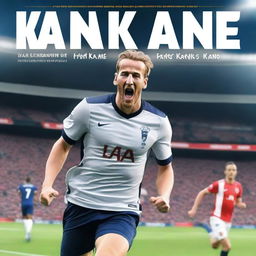 A dynamic and engaging book cover featuring Harry Kane, the famous soccer player, in action on the soccer field