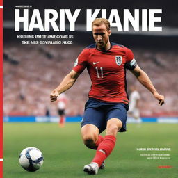 A dynamic and engaging book cover featuring Harry Kane, the famous soccer player, in action on the soccer field