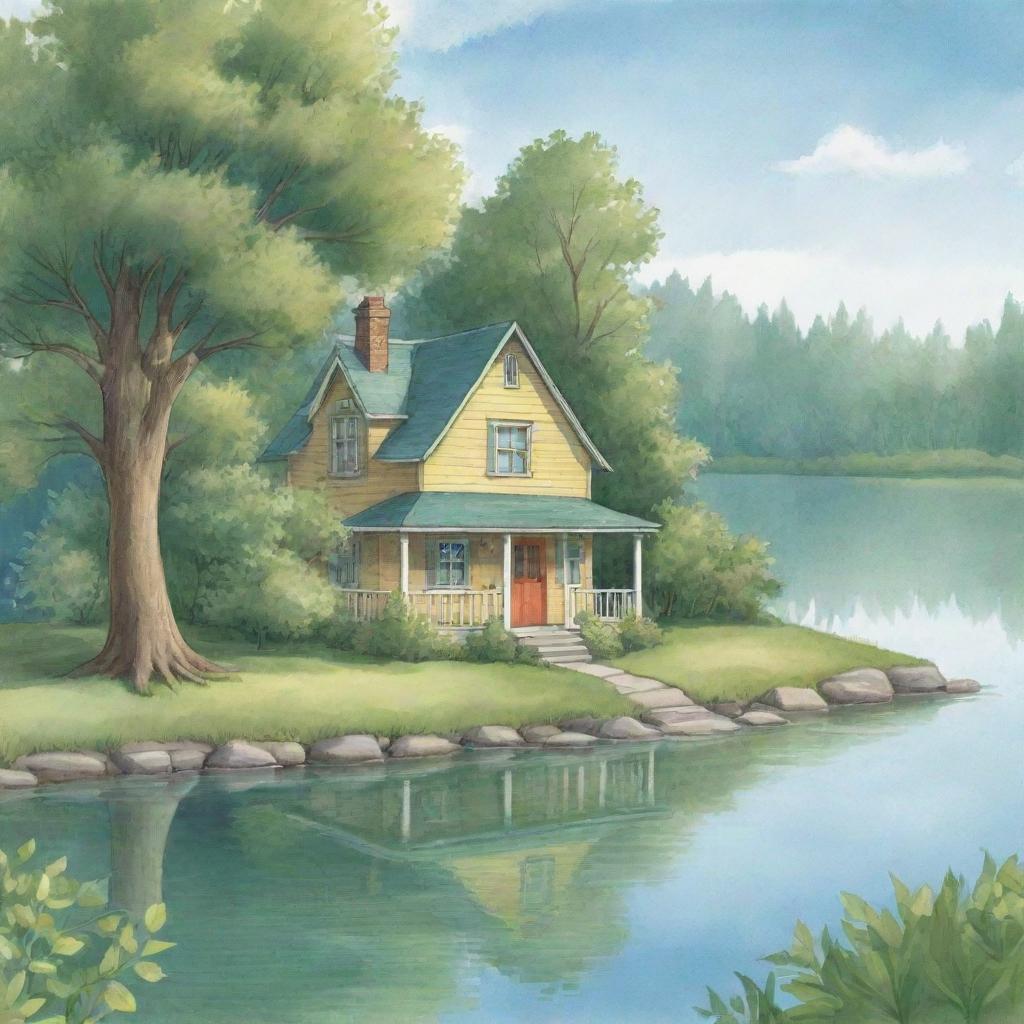 A serene, easy-to-draw cartoon image for a children's book featuring a quaint house located near a calm, sparkling lake, surrounded by soft green foliage.