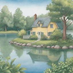 A serene, easy-to-draw cartoon image for a children's book featuring a quaint house located near a calm, sparkling lake, surrounded by soft green foliage.