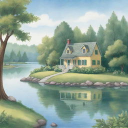 A serene, easy-to-draw cartoon image for a children's book featuring a quaint house located near a calm, sparkling lake, surrounded by soft green foliage.