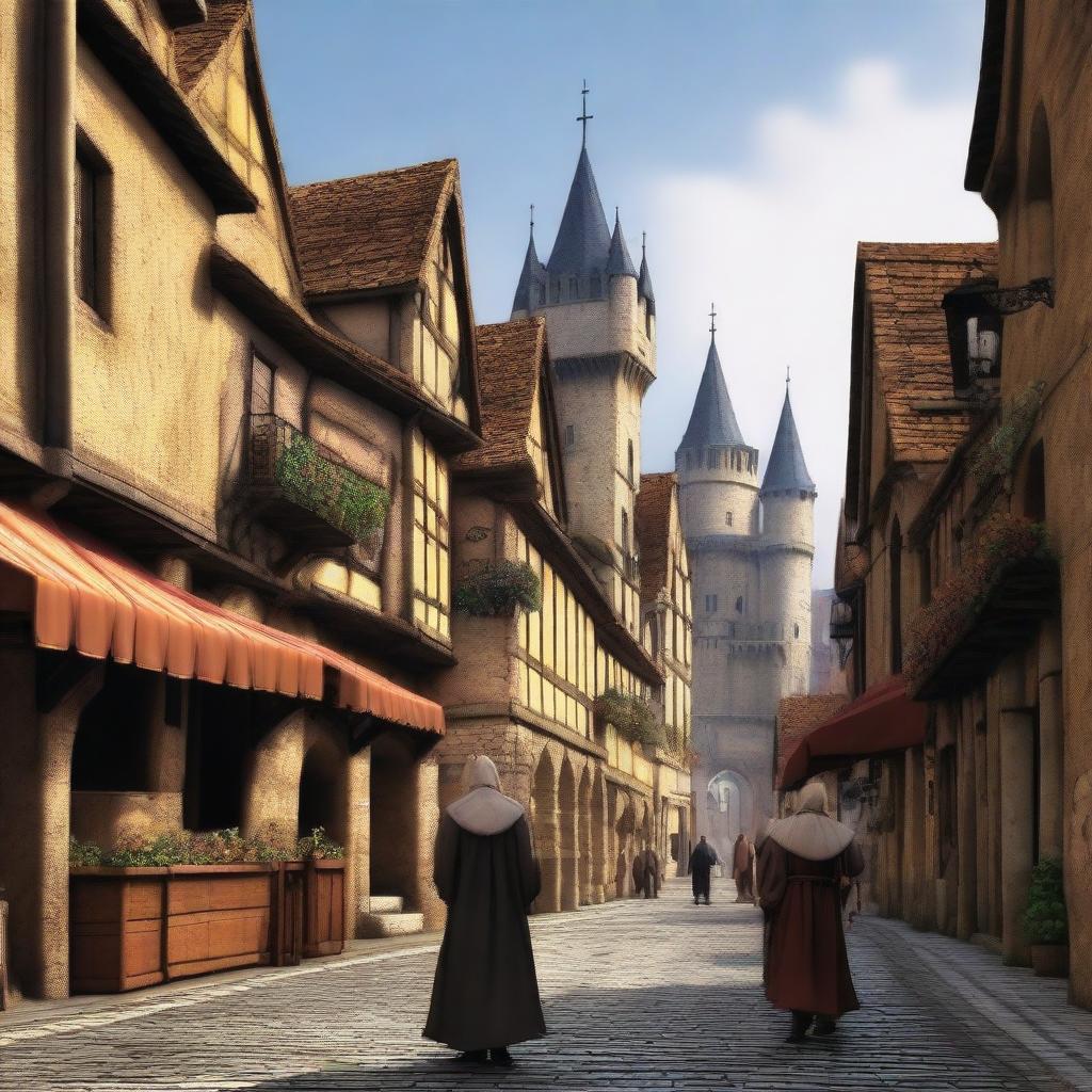 A sprawling large medieval city with towering stone walls, cobblestone streets, and bustling marketplaces