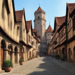 A sprawling large medieval city with towering stone walls, cobblestone streets, and bustling marketplaces