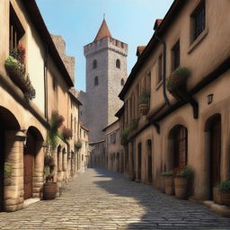 A sprawling large medieval city with towering stone walls, cobblestone streets, and bustling marketplaces