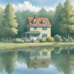 A serene, easy-to-draw cartoon image for a children's book featuring a quaint house located near a calm, sparkling lake, surrounded by soft green foliage.