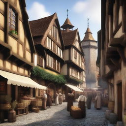 A bustling large medieval city with narrow cobblestone streets