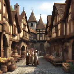 A bustling large medieval city with narrow cobblestone streets