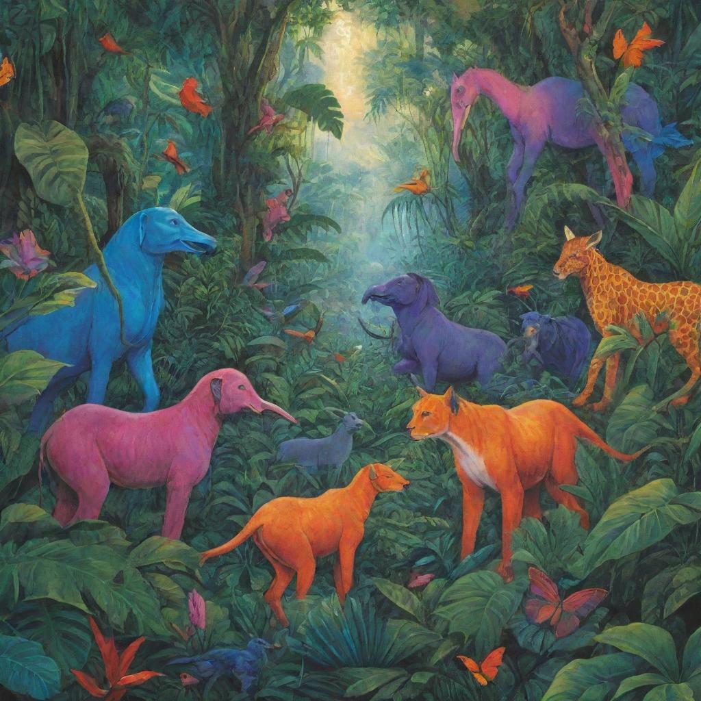 Mystical creatures mingling amidst the lush, vibrant hues of a dense jungle.