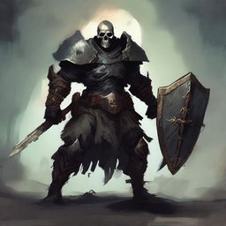 Kragor the undead fighter stands menacingly with a sword and shield