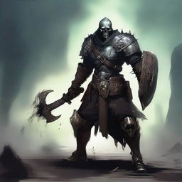 Kragor the undead fighter stands menacingly with a sword and shield