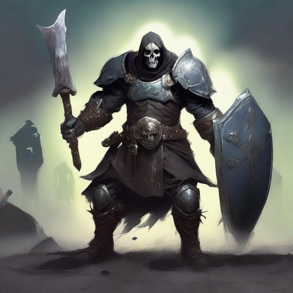 Kragor the undead fighter stands menacingly with a sword and shield