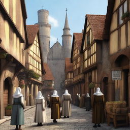 A large medieval city with bustling streets