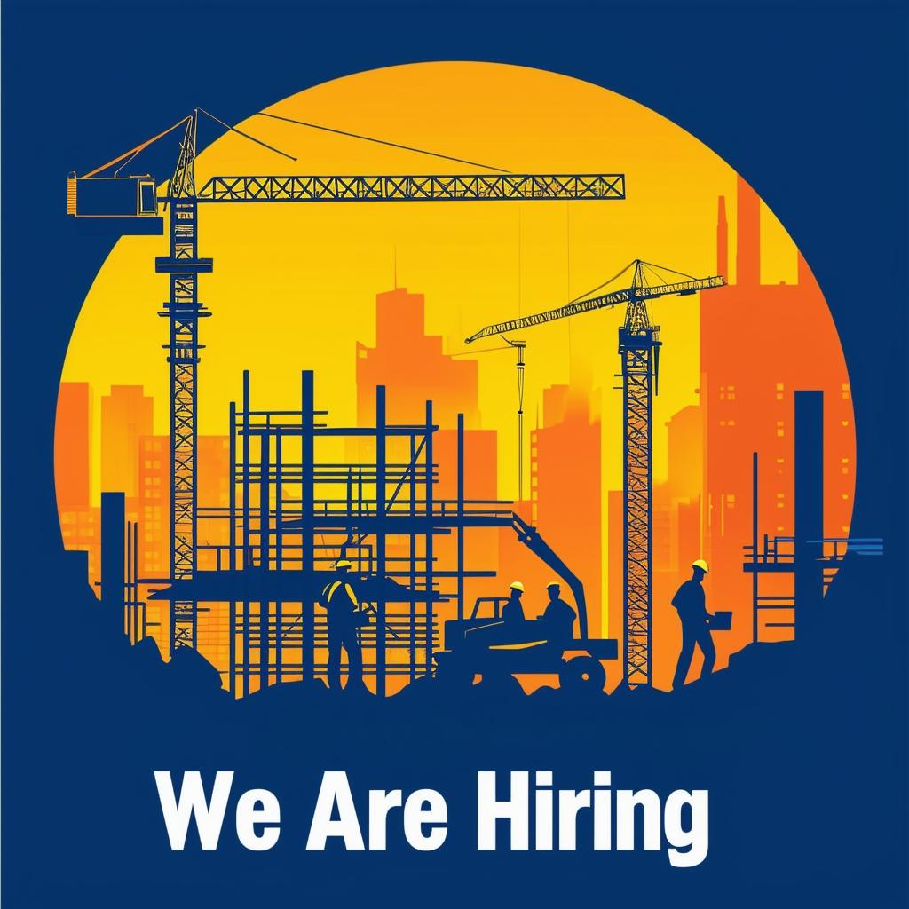 Book cover design with the text 'We Are Hiring' and a construction site background featuring cranes, workers, and building structures