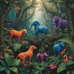 Mystical creatures mingling amidst the lush, vibrant hues of a dense jungle.