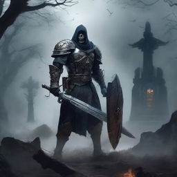 Kragor, the fighter of undead, stands valiantly with a sword and shield