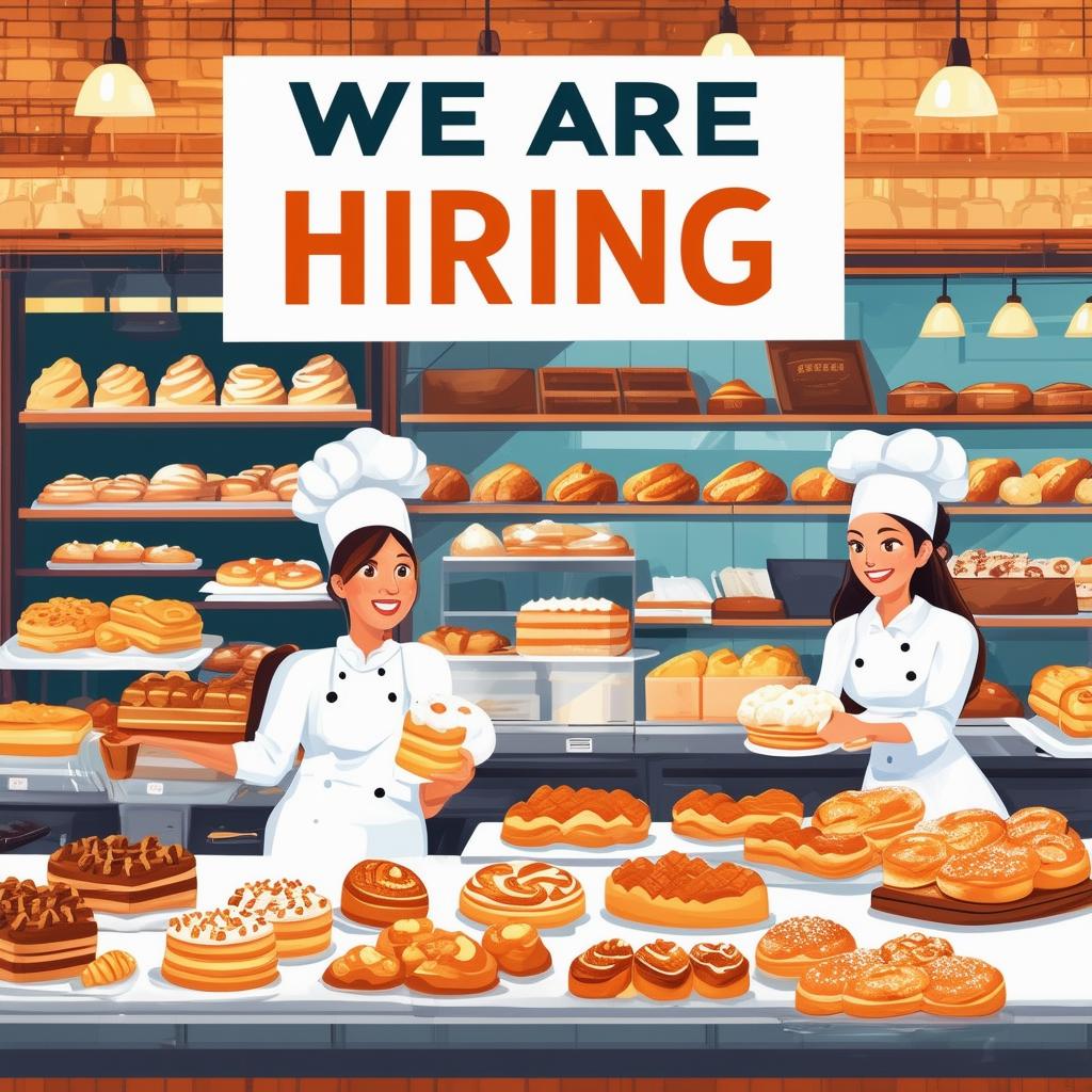 Book cover design with the text 'We Are Hiring' and a bakery background featuring bakers, baked goods, and a cozy bakery interior