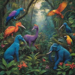 Mystical creatures mingling amidst the lush, vibrant hues of a dense jungle.