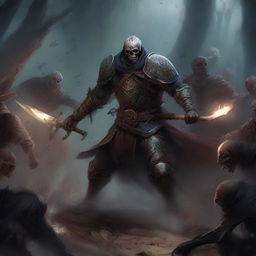 A detailed image of Kragor, a human fighter battling undead creatures