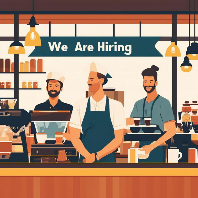 Book cover design with the text 'We Are Hiring' and a coffee shop background featuring baristas, coffee drinks, and a cozy coffee shop interior