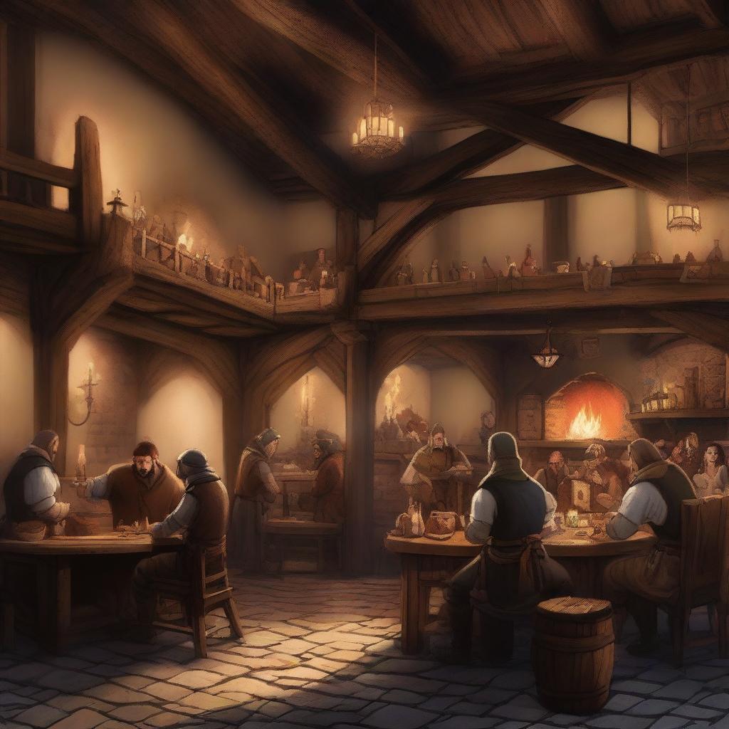 A bustling medieval tavern named 'The Bitter Prince' located in a large medieval city