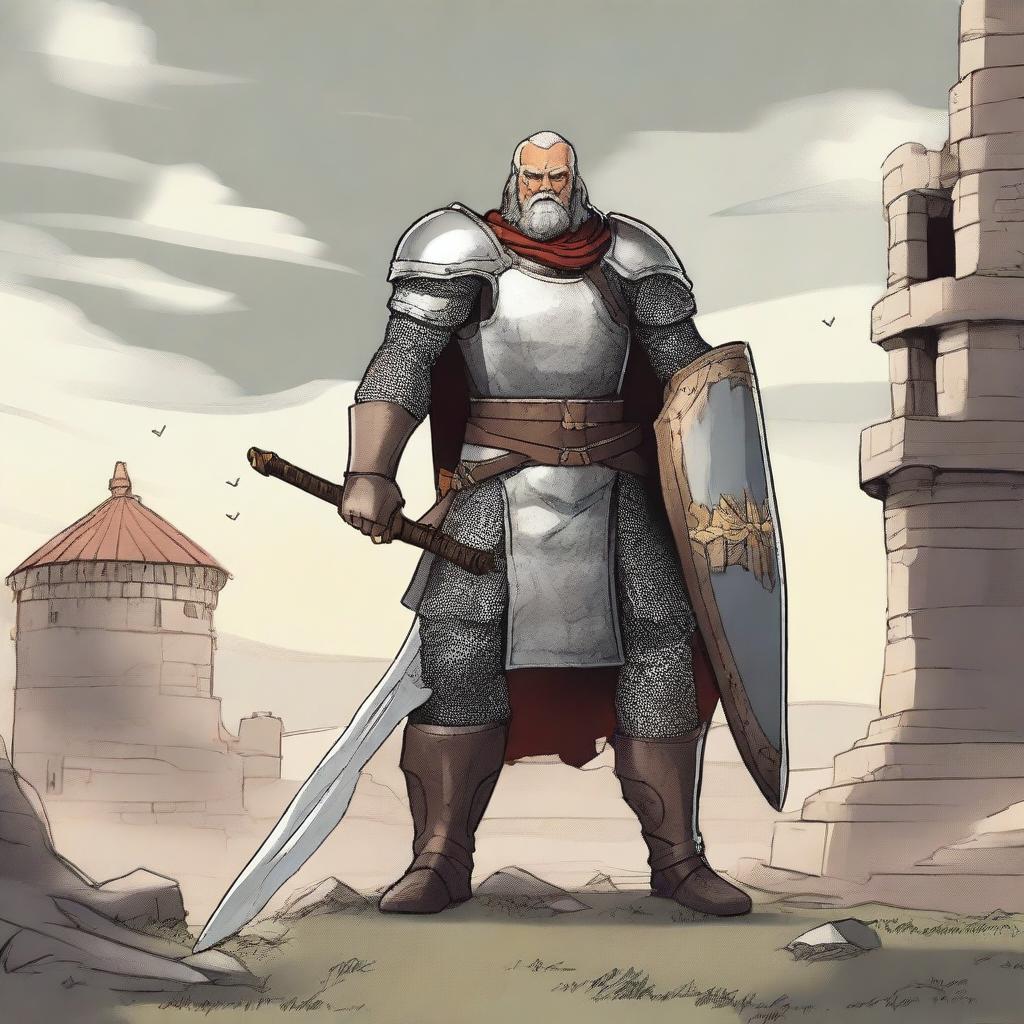 A detailed illustration of Kragor, a human fighter, wielding a sword and shield