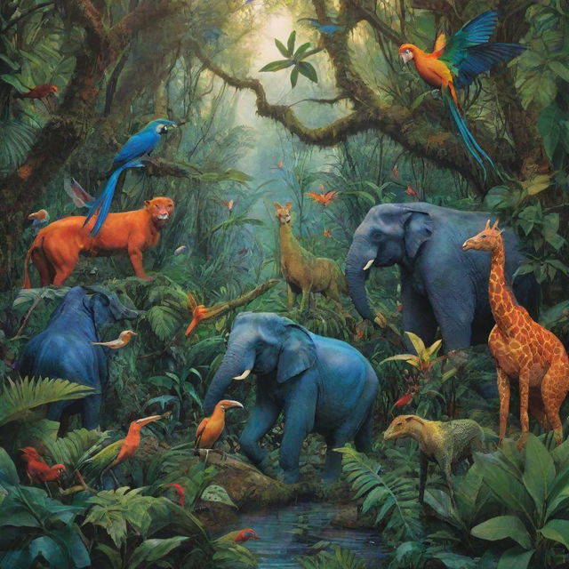 Mystical creatures mingling amidst the lush, vibrant hues of a dense jungle.