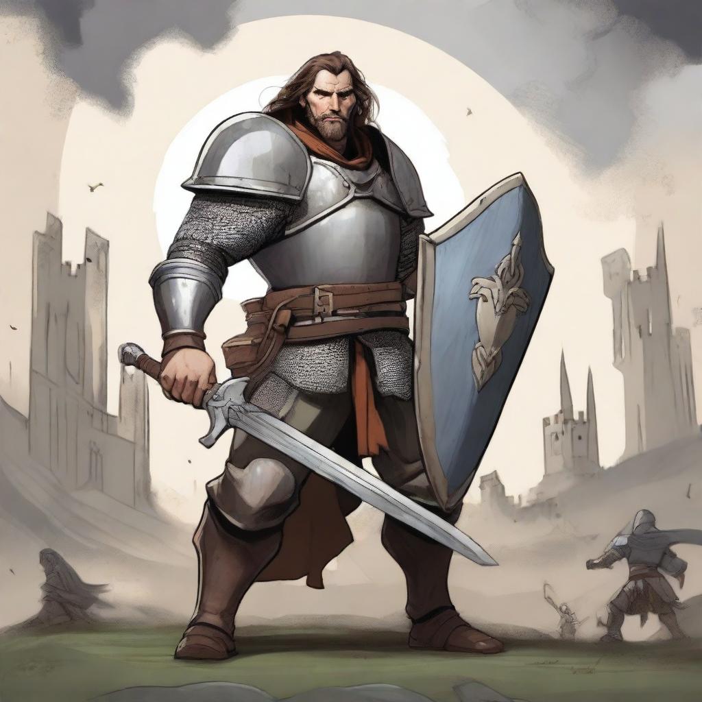 A detailed illustration of Kragor, a human fighter, wielding a sword and shield