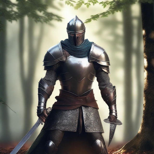 A fantasy human fighter standing in a heroic pose, wielding a sword and shield