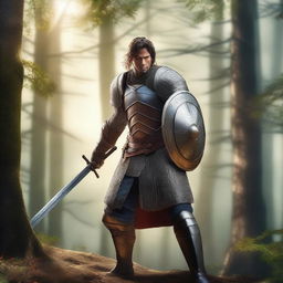 A fantasy human fighter standing in a heroic pose, wielding a sword and shield