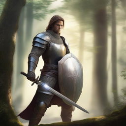 A fantasy human fighter standing in a heroic pose, wielding a sword and shield