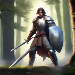 A fantasy human fighter standing in a heroic pose, wielding a sword and shield