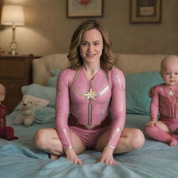 Brie Larson as Captain Marvel, humorously dressed as a baby in a pink outfit and diapers, with adoring female aliens acting as her playful babysitters in a light-hearted setting.