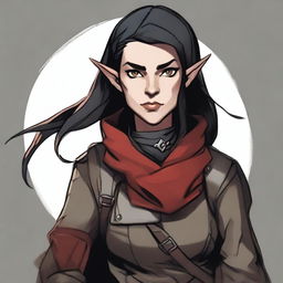 A Dungeons & Dragons character depiction of a high elf rogue with fair skin tone, black medium-length hair, and gray eyes