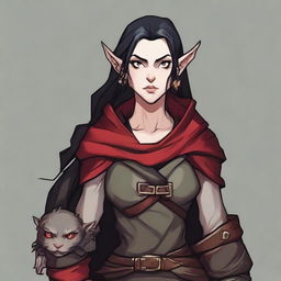 A Dungeons & Dragons character depiction of a high elf rogue with fair skin tone, black medium-length hair, and gray eyes