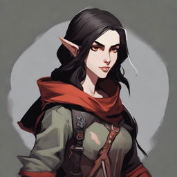 A Dungeons & Dragons character depiction of a high elf rogue with fair skin tone, black medium-length hair, and gray eyes