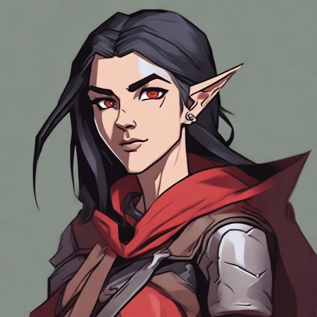 A Dungeons & Dragons character depiction of a high elf rogue with fair skin tone, black medium-length hair, and gray eyes