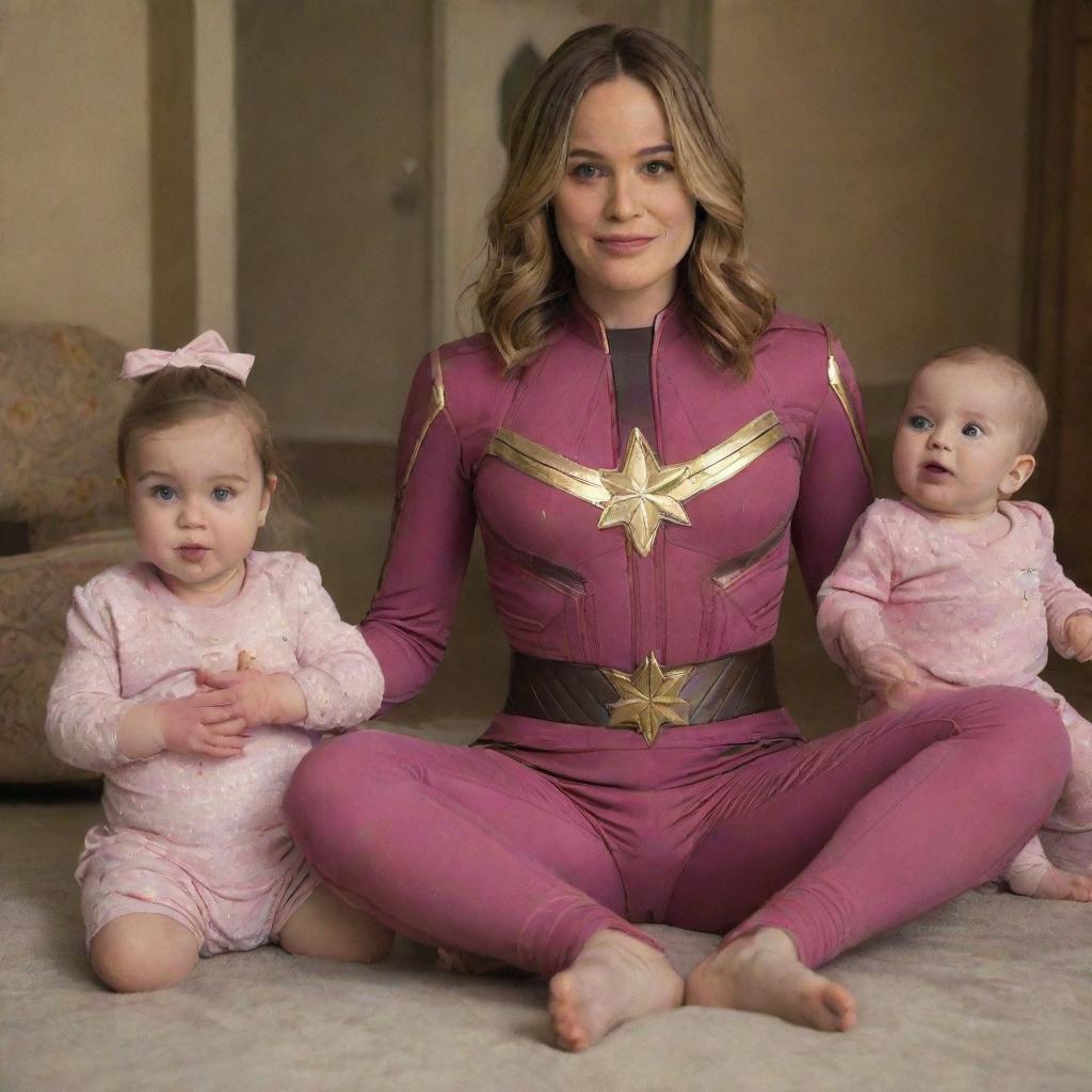 Brie Larson as Captain Marvel, humorously dressed as a baby in a pink outfit and diapers, with adoring female aliens acting as her playful babysitters in a light-hearted setting.