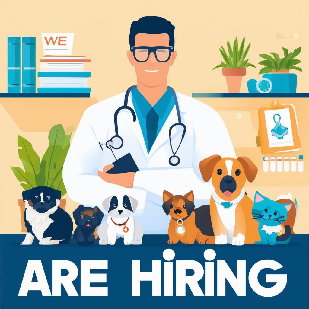 Book cover design with the text 'We Are Hiring' and a veterinary clinic background featuring a veterinarian, pets, and medical equipment