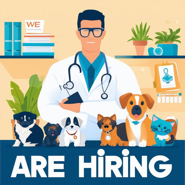 Book cover design with the text 'We Are Hiring' and a veterinary clinic background featuring a veterinarian, pets, and medical equipment