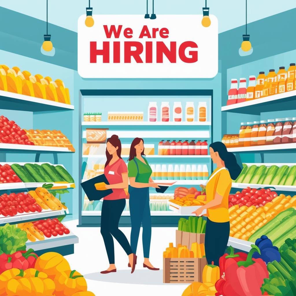 Book cover design with the text 'We Are Hiring' and a grocery store background featuring employees, products, and a clean store environment