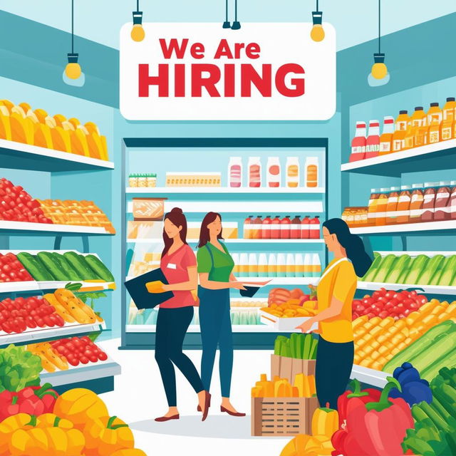 Book cover design with the text 'We Are Hiring' and a grocery store background featuring employees, products, and a clean store environment