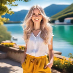 A blonde girl with flowing hair, wearing a stylish outfit, standing in a picturesque setting with a bright and cheerful atmosphere