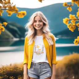 A blonde girl with flowing hair, wearing a stylish outfit, standing in a picturesque setting with a bright and cheerful atmosphere