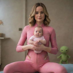 Brie Larson as Captain Marvel, humorously dressed as a baby in a pink outfit and diapers, with adoring female aliens acting as her playful babysitters in a light-hearted setting.