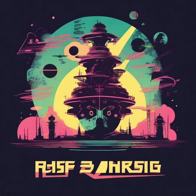 Create a minimalist movie poster for a solarpunk style anime movie titled "Riff Runners" in a bold font