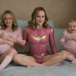 Brie Larson as Captain Marvel, humorously dressed as a baby in a pink outfit and diapers, with adoring female aliens acting as her playful babysitters in a light-hearted setting.